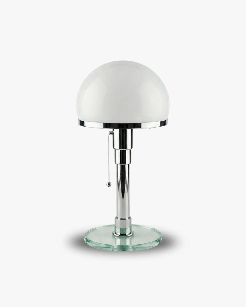 DOLIA Bauhaus table lamp with white opal glass dome, chrome stem and clear glass disc base, designer | DecoHarmonie