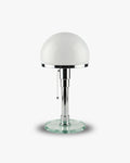 DOLIA Bauhaus table lamp with white opal glass dome, chrome stem and clear glass disc base, designer | DecoHarmonie