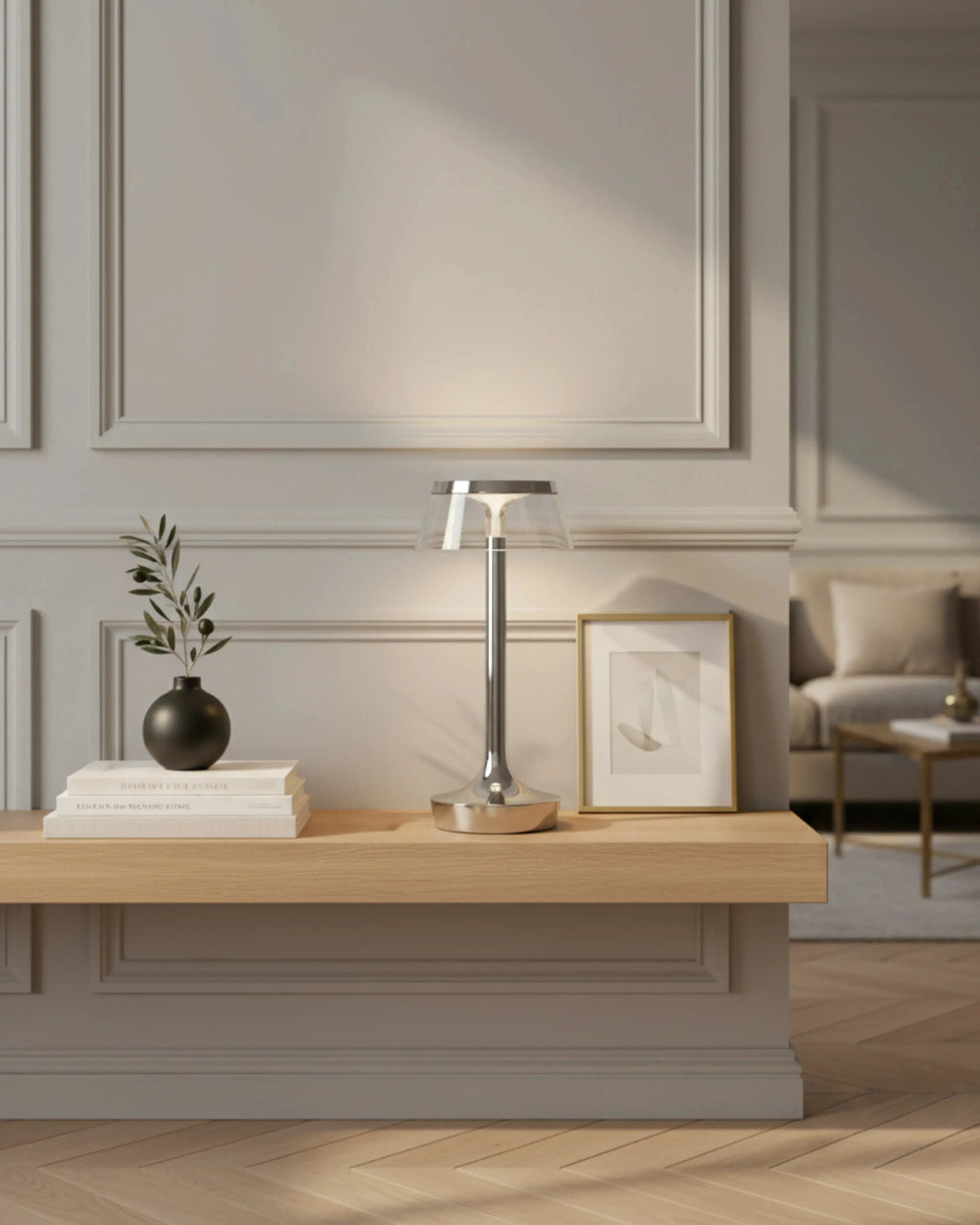 ORIN cordless designer table lamp softening the light in a contemporary lounge — DecoHarmonie
