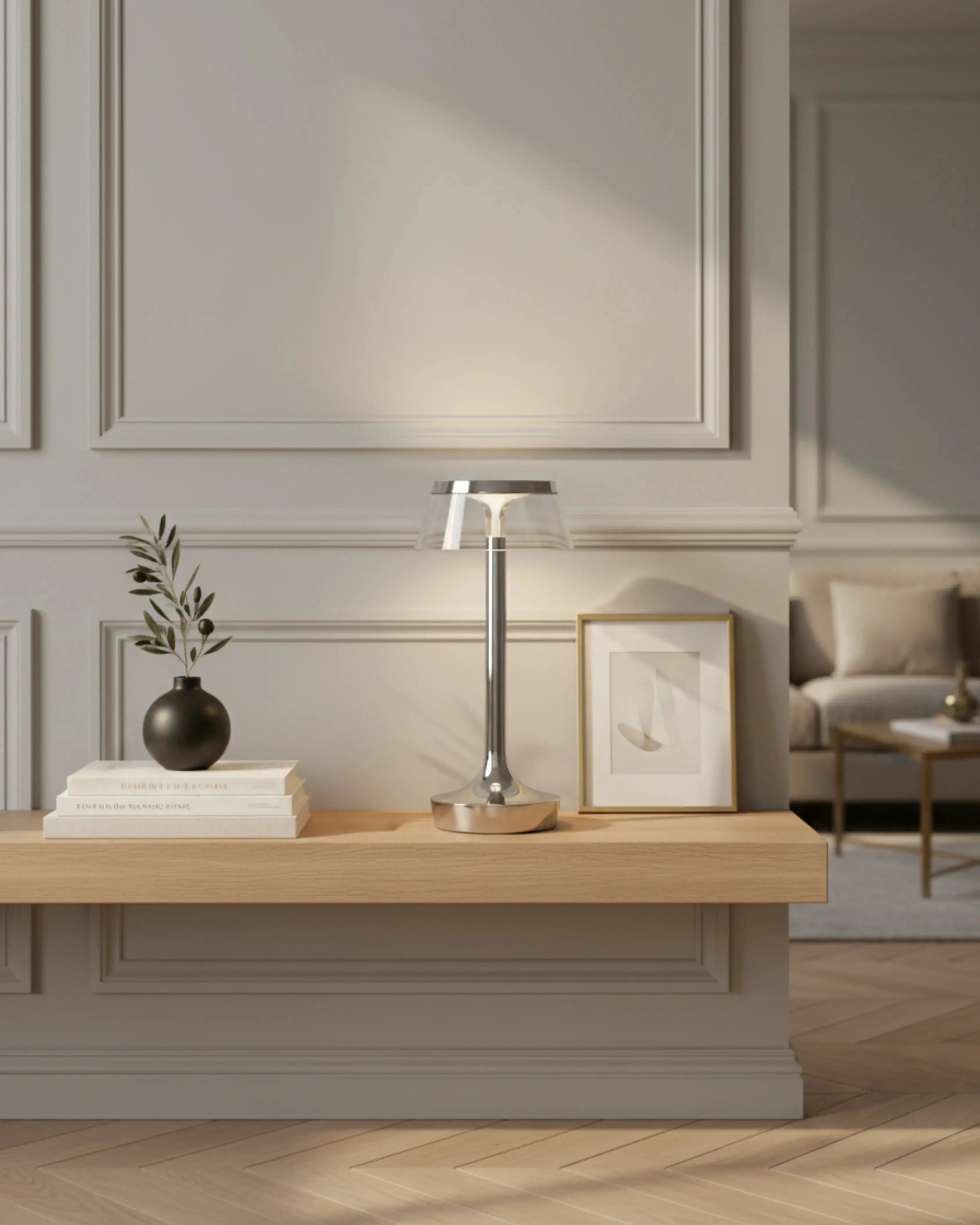 ORIN cordless designer table lamp softening the light in a contemporary lounge — DecoHarmonie