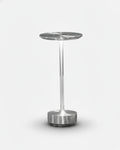 LIRI cordless table lamp with brushed silver aluminium disc top and slim stem, touch-dim rechargeable | DecoHarmonie