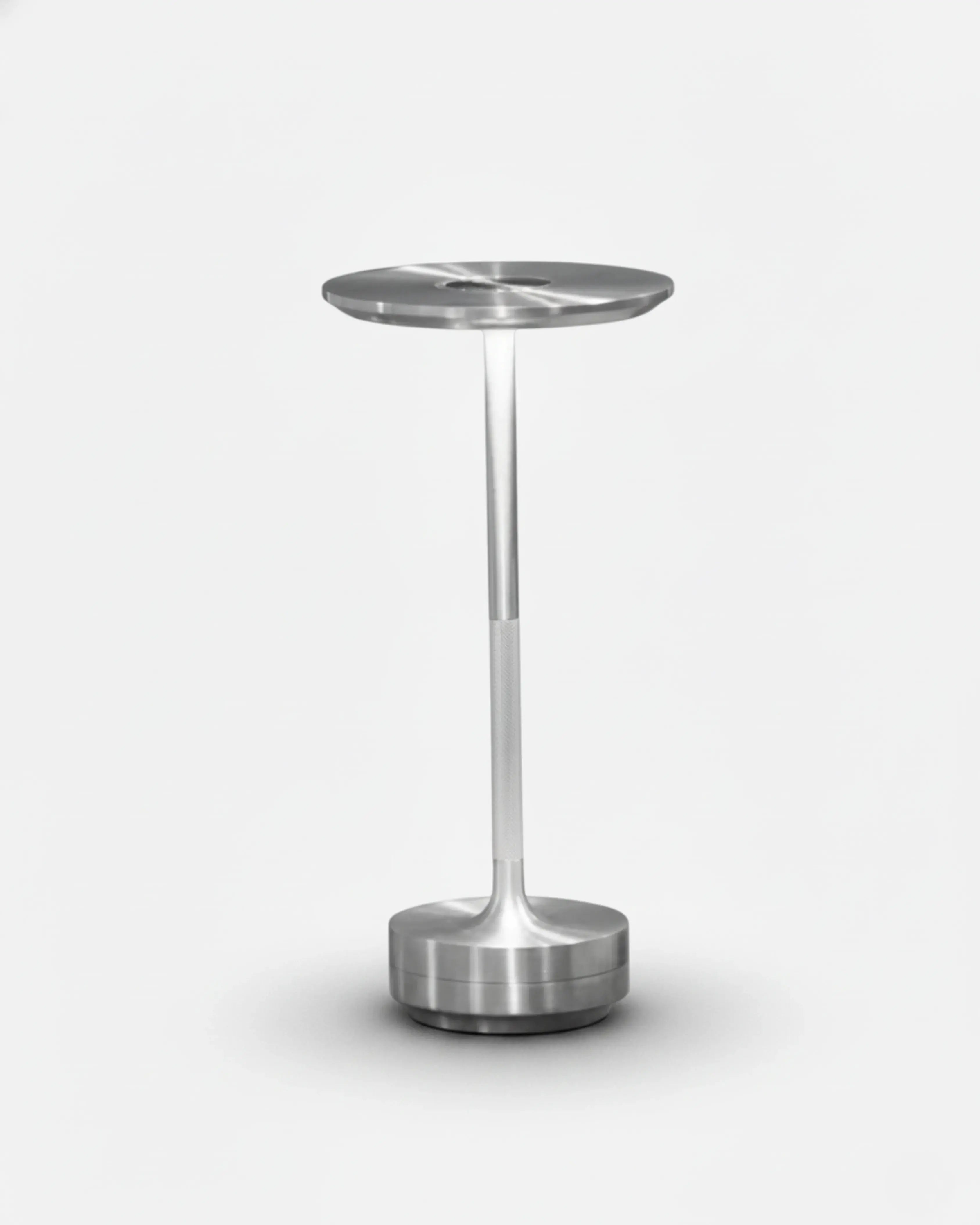LIRI cordless table lamp with brushed silver aluminium disc top and slim stem, touch-dim rechargeable | DecoHarmonie