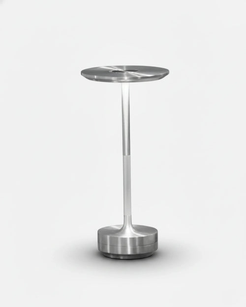 LIRI cordless table lamp with brushed silver aluminium disc top and slim stem, touch-dim rechargeable | DecoHarmonie