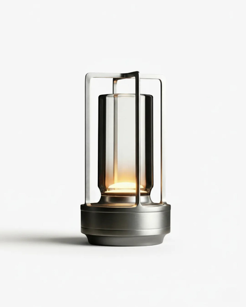RUNA cordless table lamp shaped as a brushed silver lantern with glass diffuser, portable rechargeable | DecoHarmonie