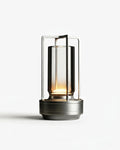 RUNA cordless table lamp shaped as a brushed silver lantern with glass diffuser, portable rechargeable | DecoHarmonie