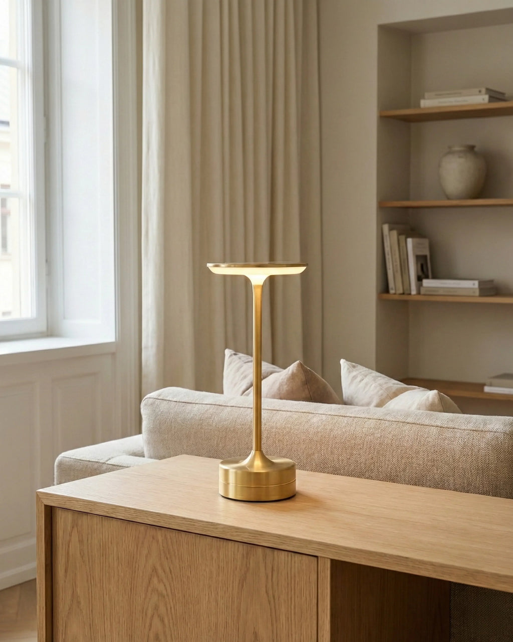LORA cordless designer table lamp in a warm, considered living room setting — DecoHarmonie