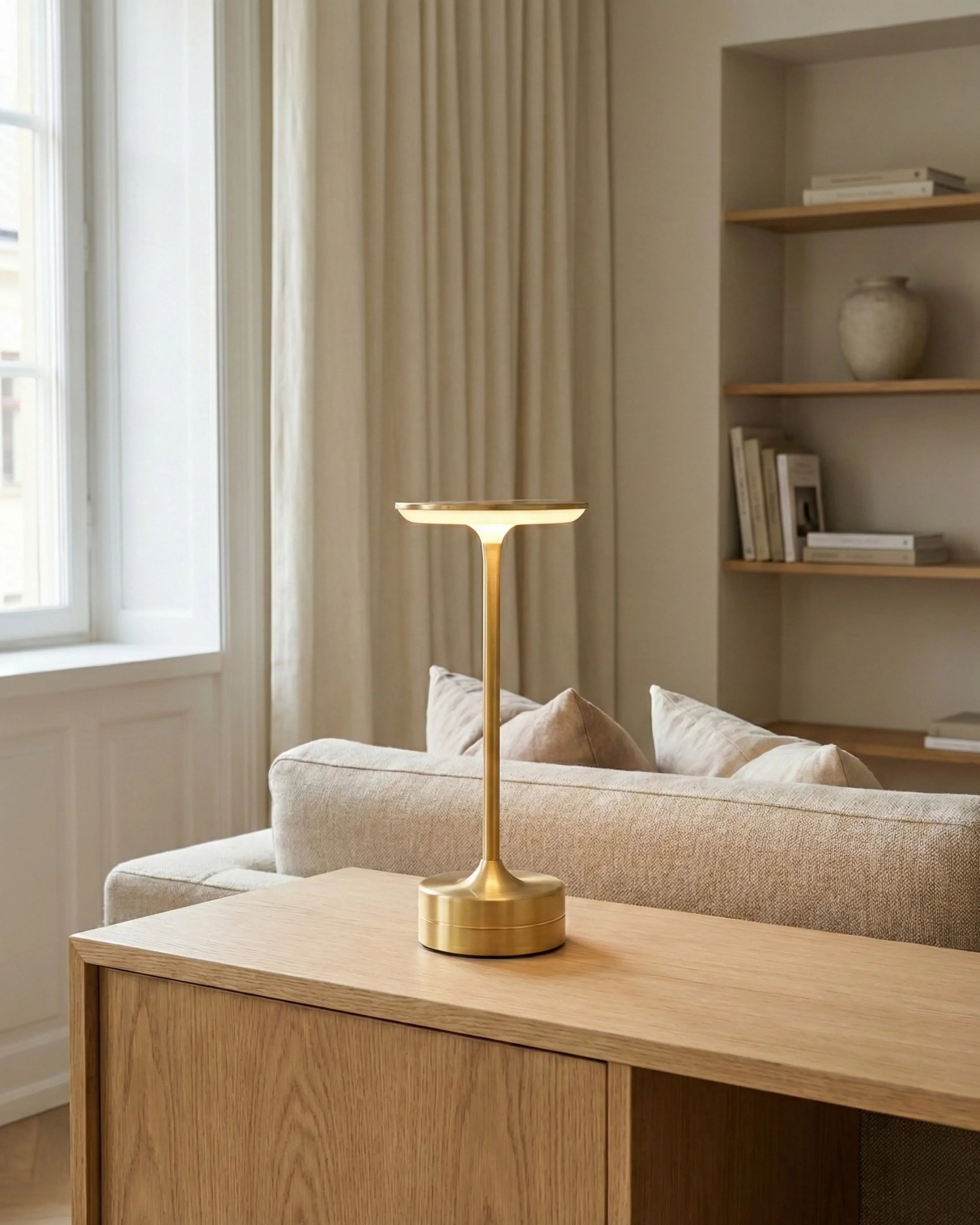 LORA cordless designer table lamp in a warm, considered living room setting — DecoHarmonie