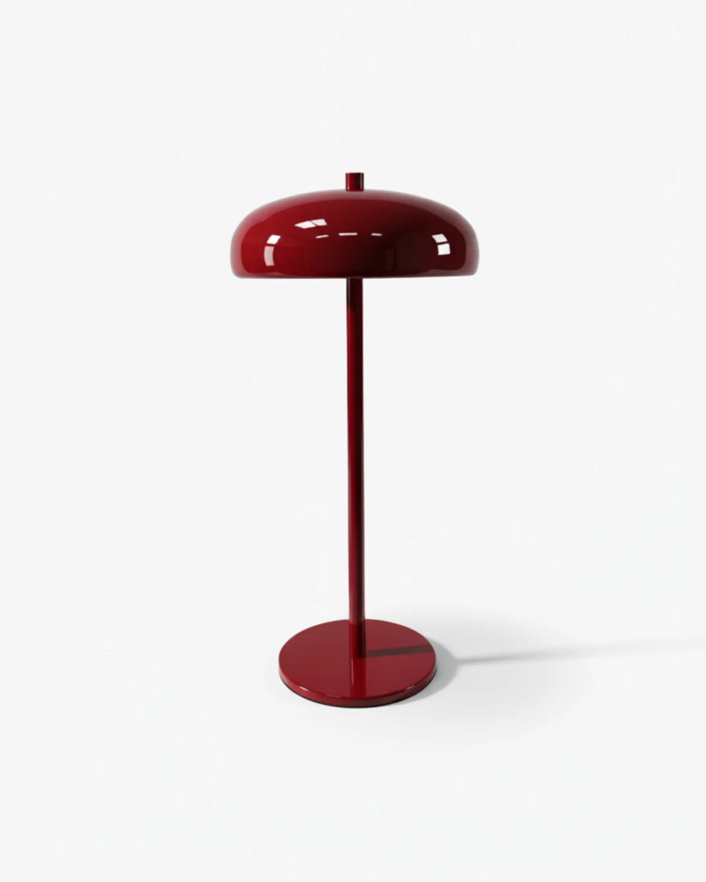 NARI cordless table lamp, glossy deep red flat dome shade, slim metal stem and round base, rechargeable designer | DecoHarmonie