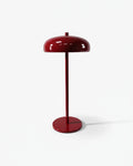 NARI cordless table lamp, glossy deep red flat dome shade, slim metal stem and round base, rechargeable designer | DecoHarmonie