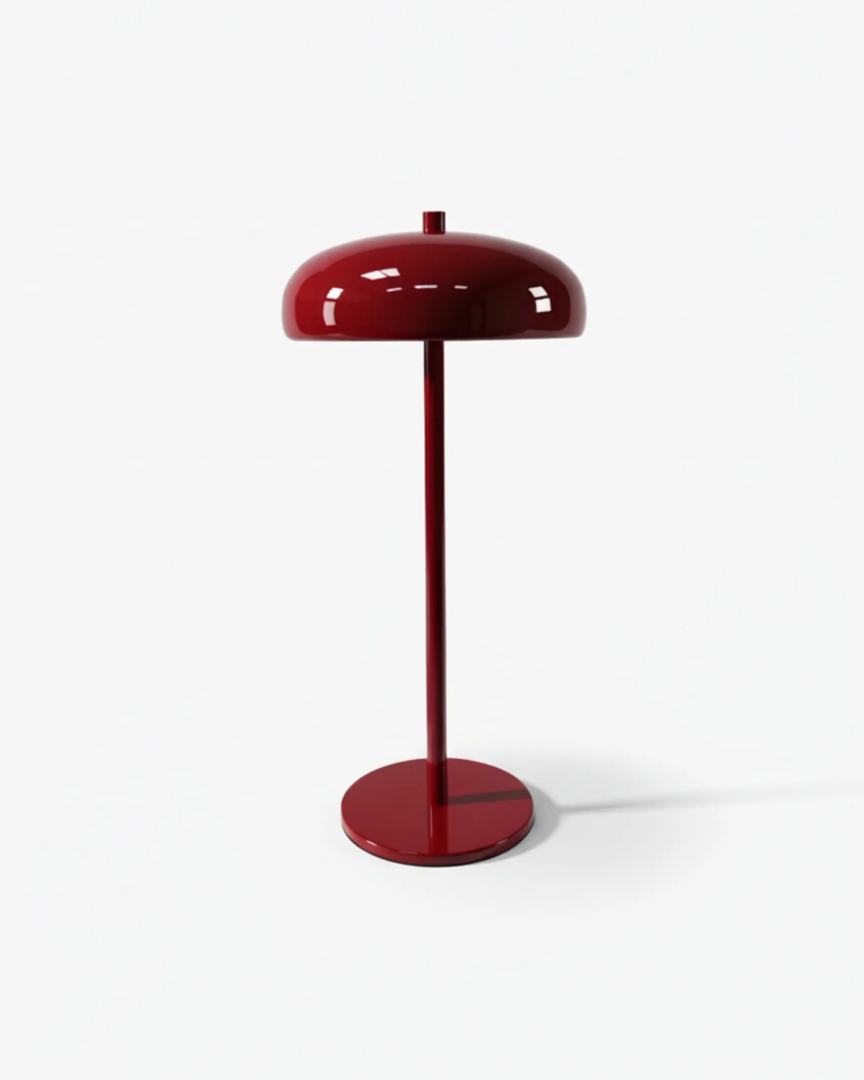 NARI cordless table lamp, glossy deep red flat dome shade, slim metal stem and round base, rechargeable designer | DecoHarmonie
