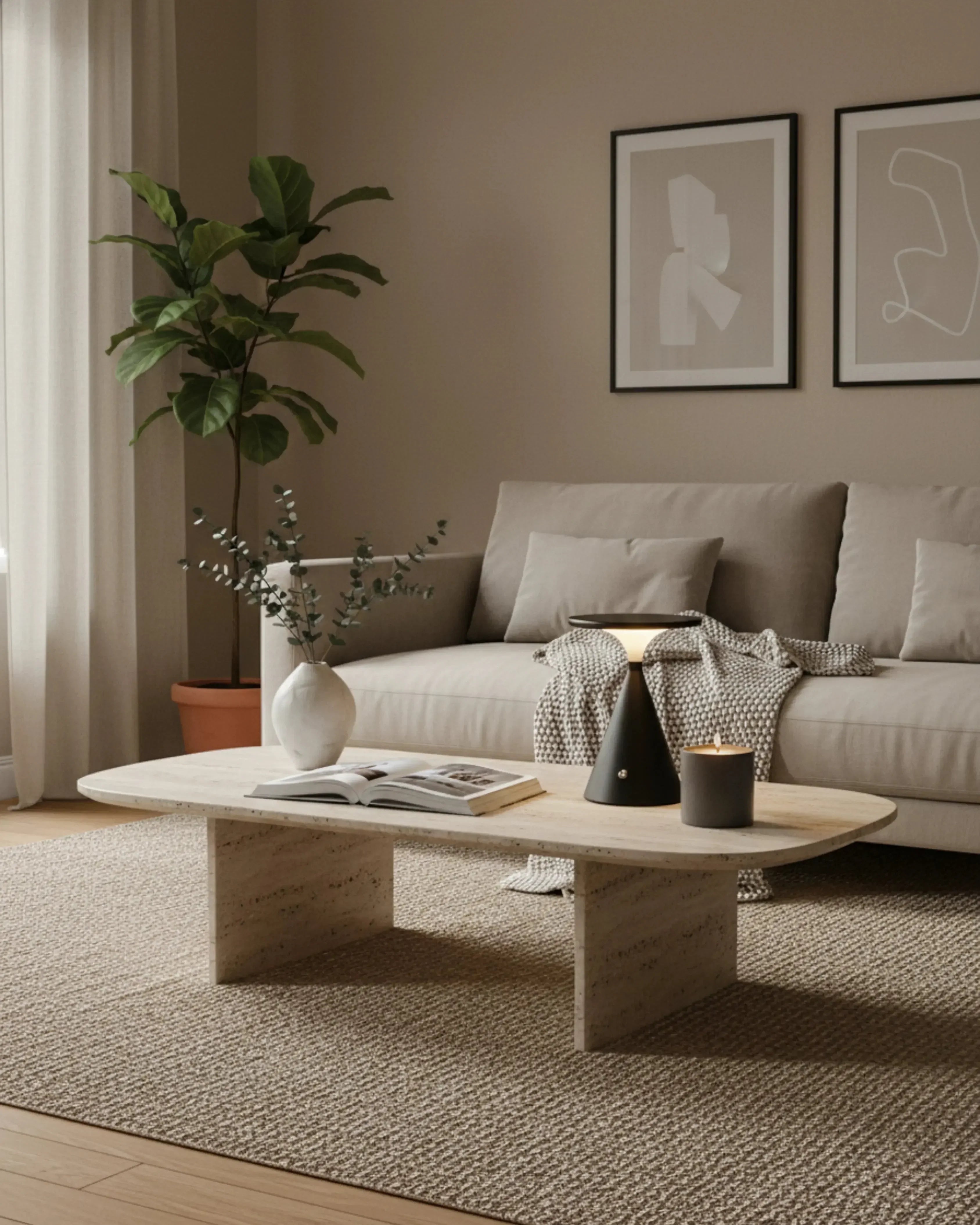 VEGA cordless designer table lamp in a warm, considered living room setting — DecoHarmonie