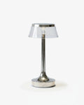 ORIN cordless rechargeable table lamp with clear acrylic shade and polished chrome stem, designer wireless | DecoHarmonie