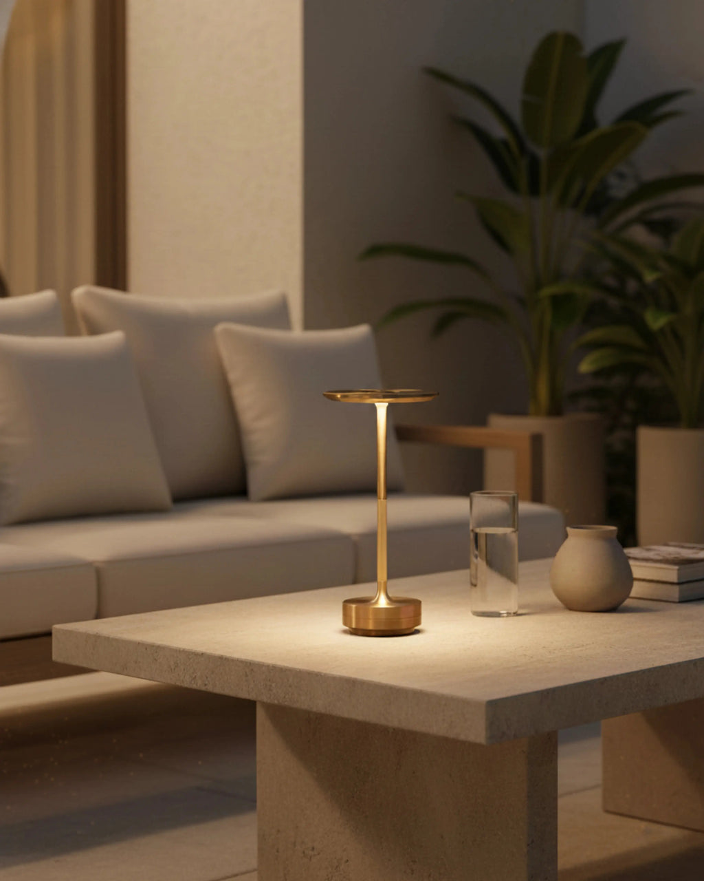 LIRI cordless designer table lamp softening the light in a contemporary lounge — DecoHarmonie