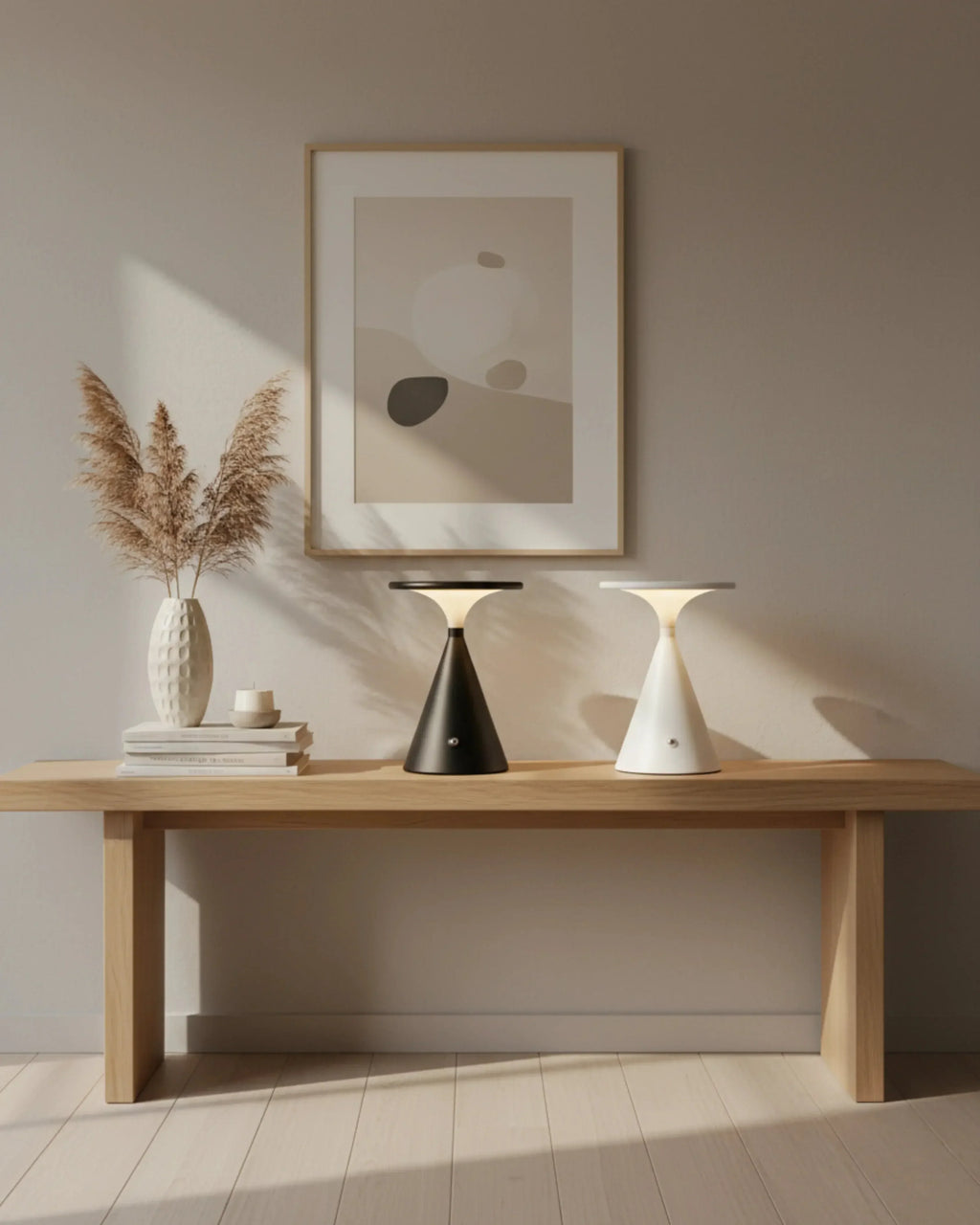 VEGA cordless designer table lamp softening the light in a contemporary lounge — DecoHarmonie
