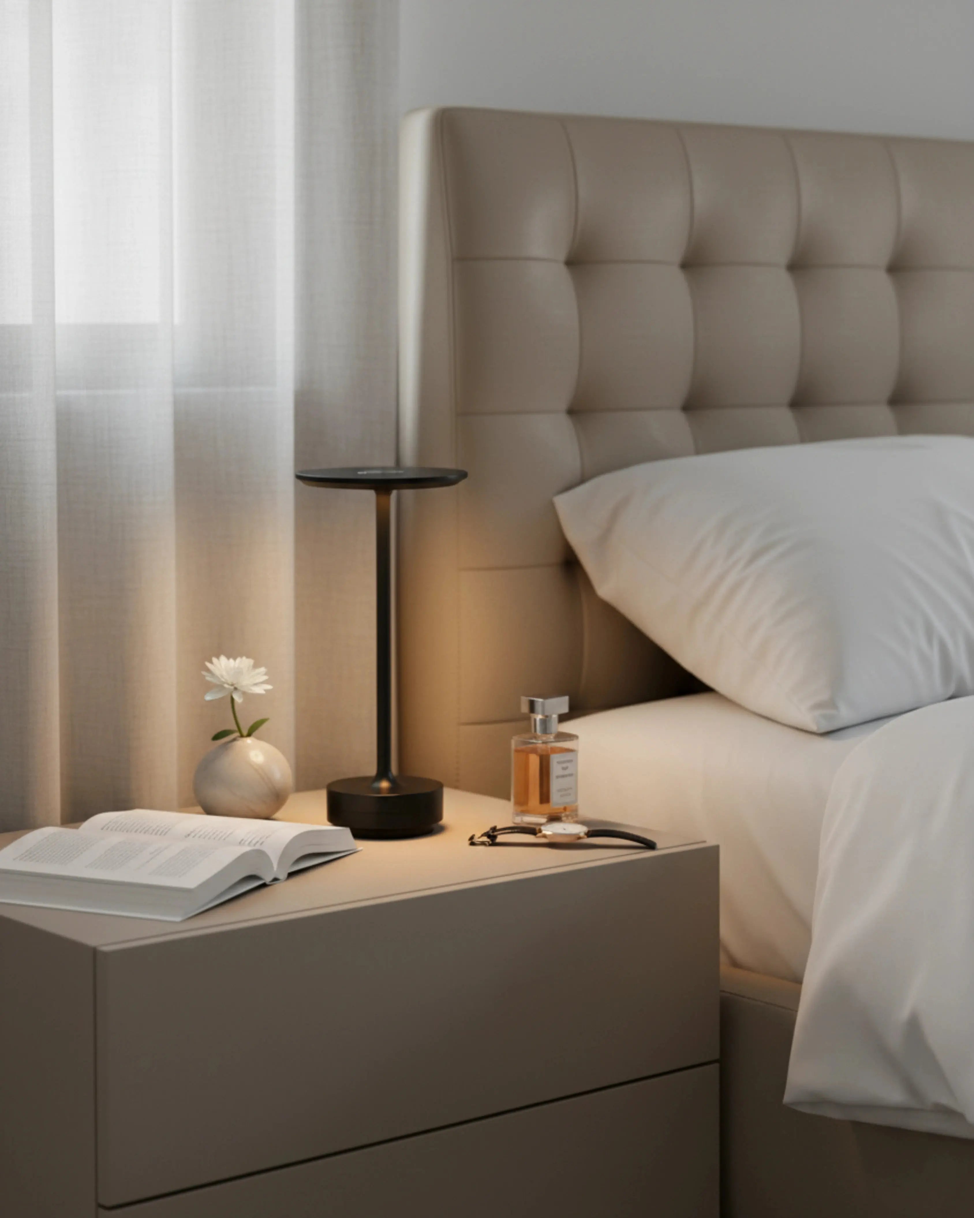 LIRI cordless designer table lamp in a warm, considered living room setting — DecoHarmonie
