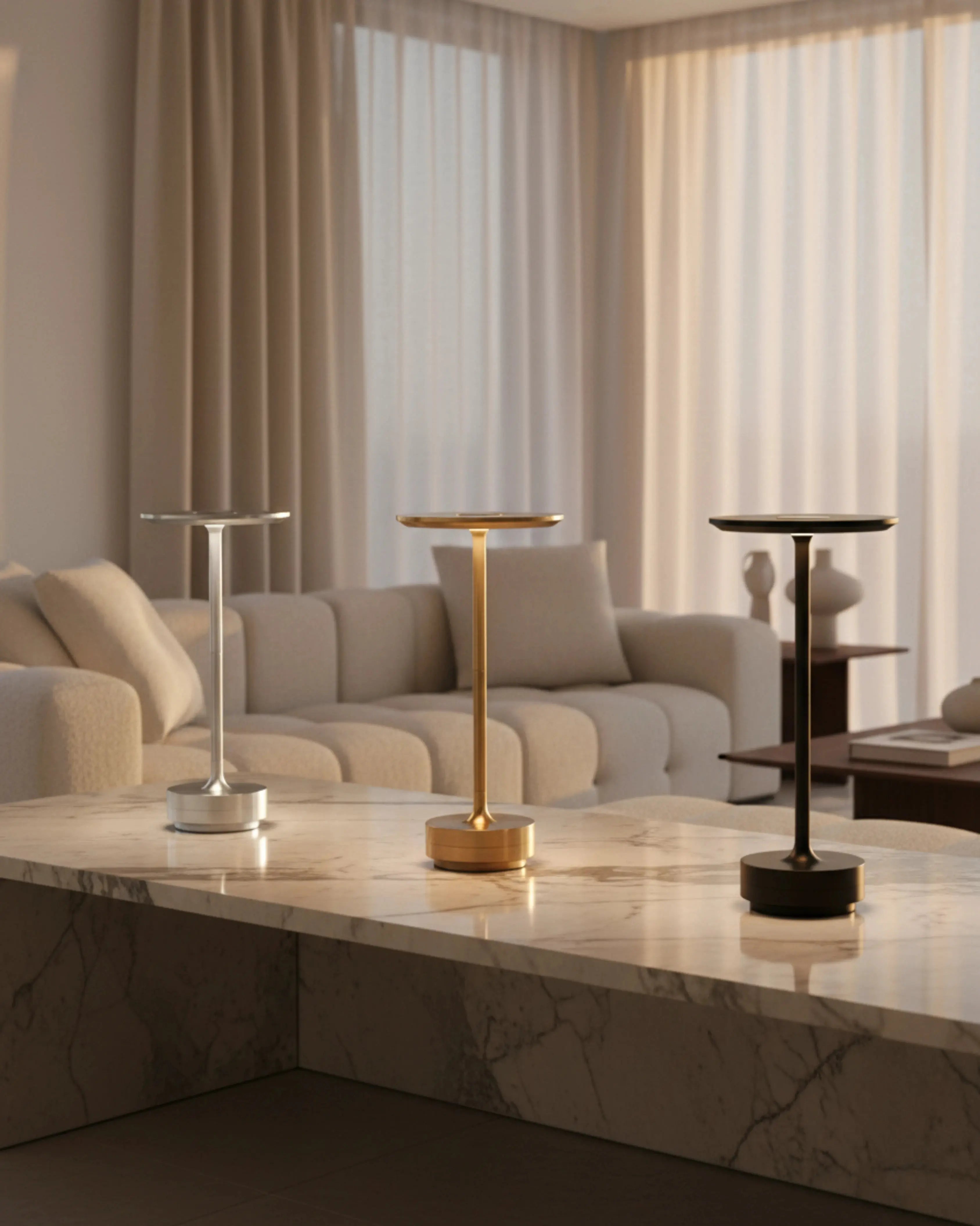 LIRI cordless designer table lamp set against a neutral wabi-sabi backdrop — DecoHarmonie