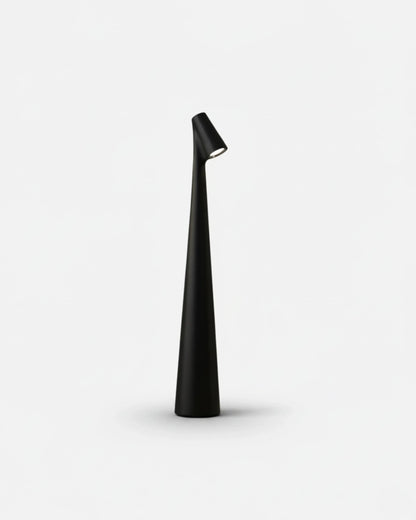 NORA cordless table lamp, sculptural matte black tapered tower with angled spotlight head, rechargeable designer | DecoHarmonie