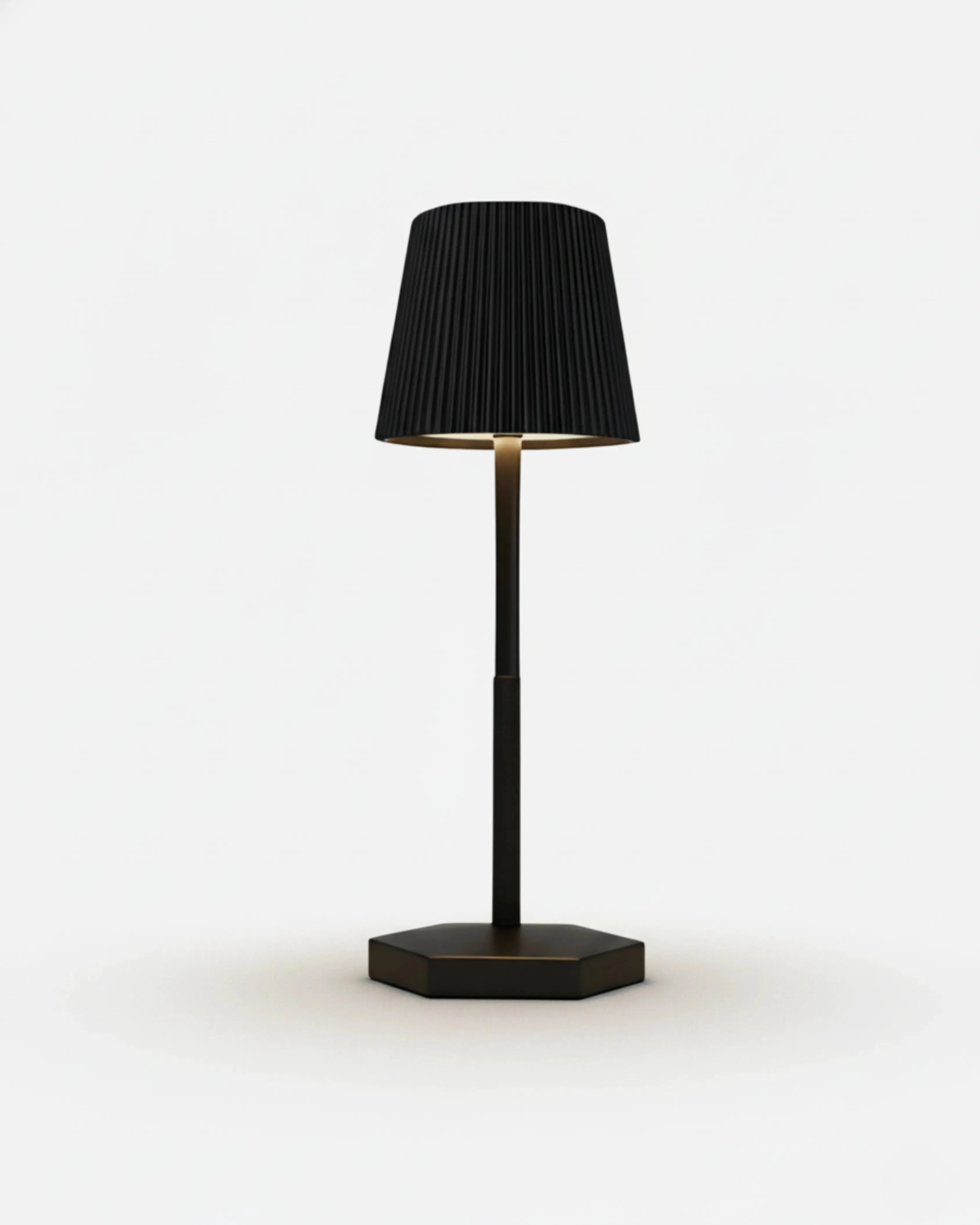 TOVI cordless table lamp with pleated black shade, slim metal stem and hexagonal base | DecoHarmonie