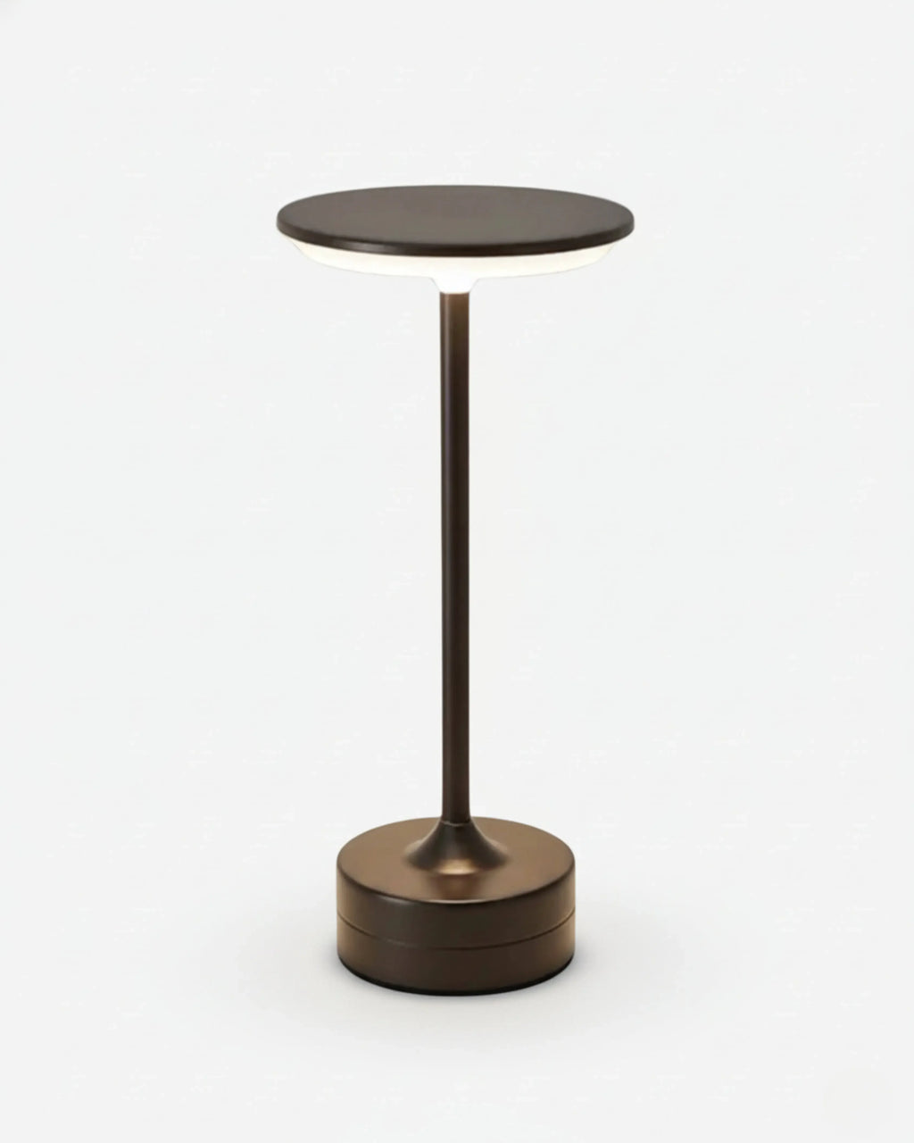 LORA cordless table lamp with slim bronze metal stem and round flat disc top, rechargeable design | DecoHarmonie