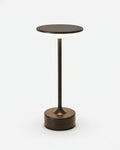 LORA cordless table lamp with slim bronze metal stem and round flat disc top, rechargeable design | DecoHarmonie