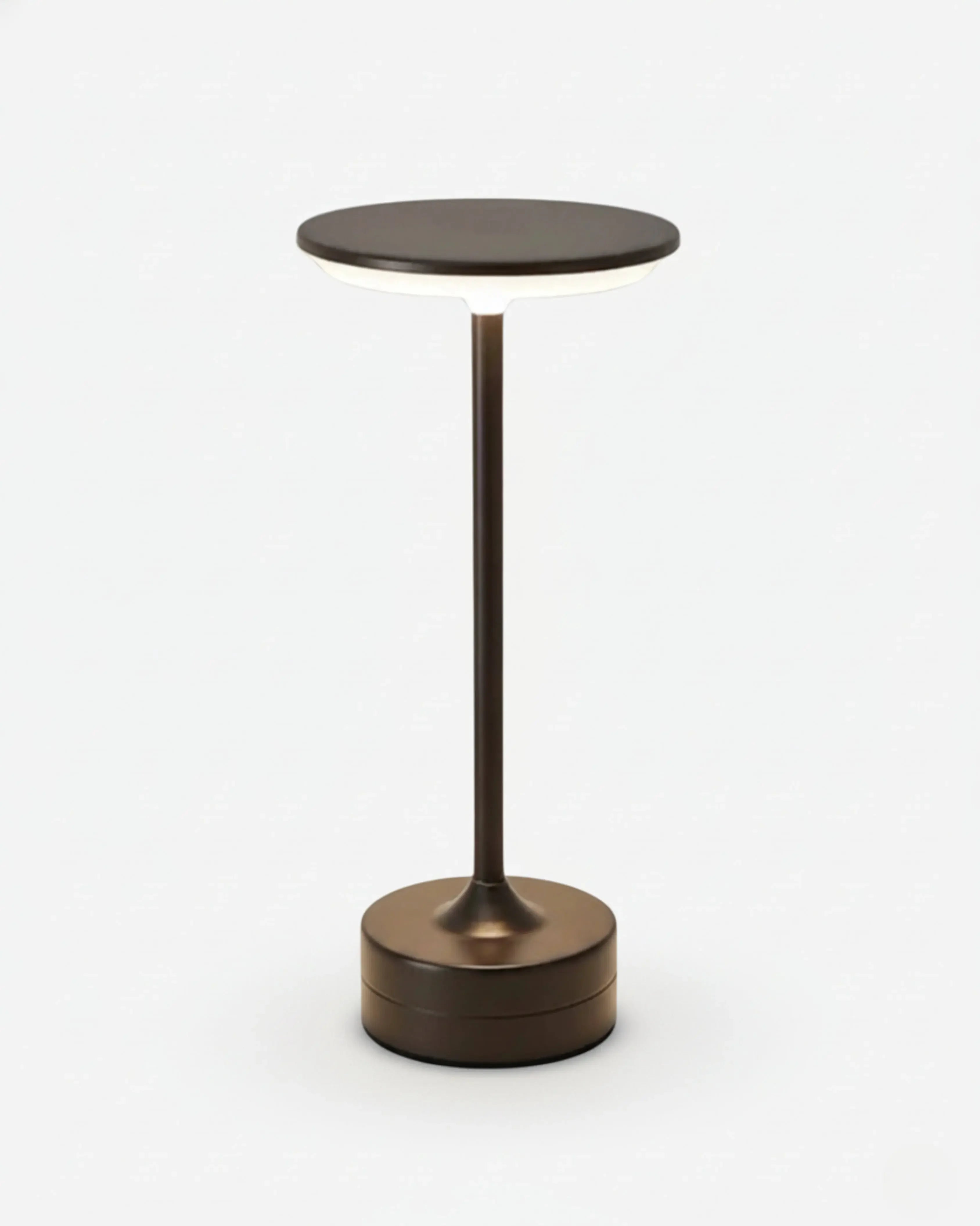 LORA cordless table lamp with slim bronze metal stem and round flat disc top, rechargeable design | DecoHarmonie