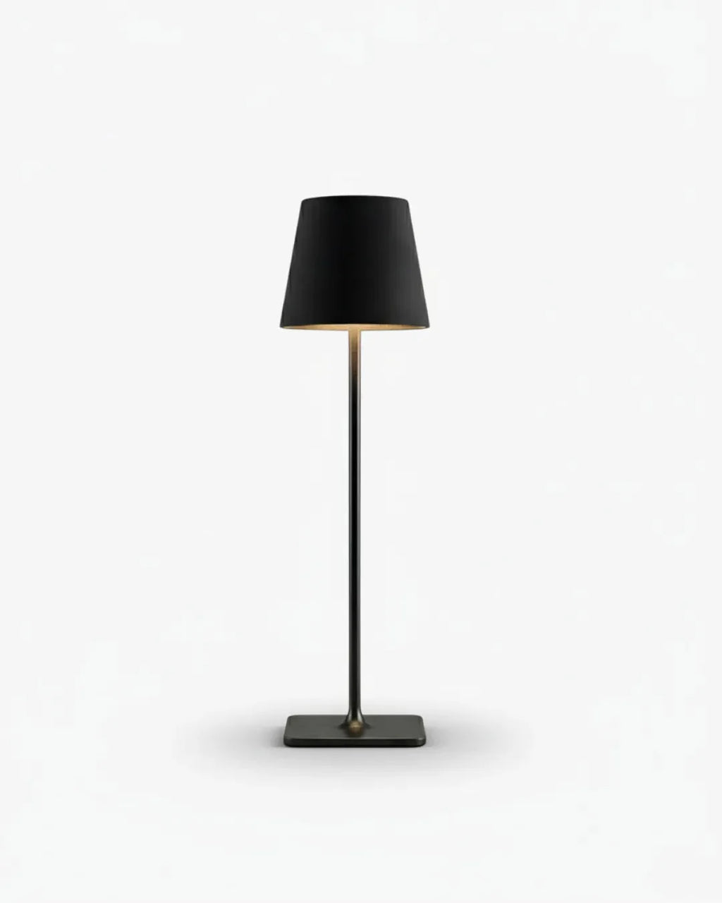 FREY cordless table lamp with slim matte black metal stem and tapered black shade, rechargeable designer | DecoHarmonie