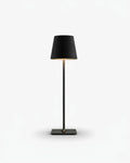 FREY cordless table lamp with slim matte black metal stem and tapered black shade, rechargeable designer | DecoHarmonie
