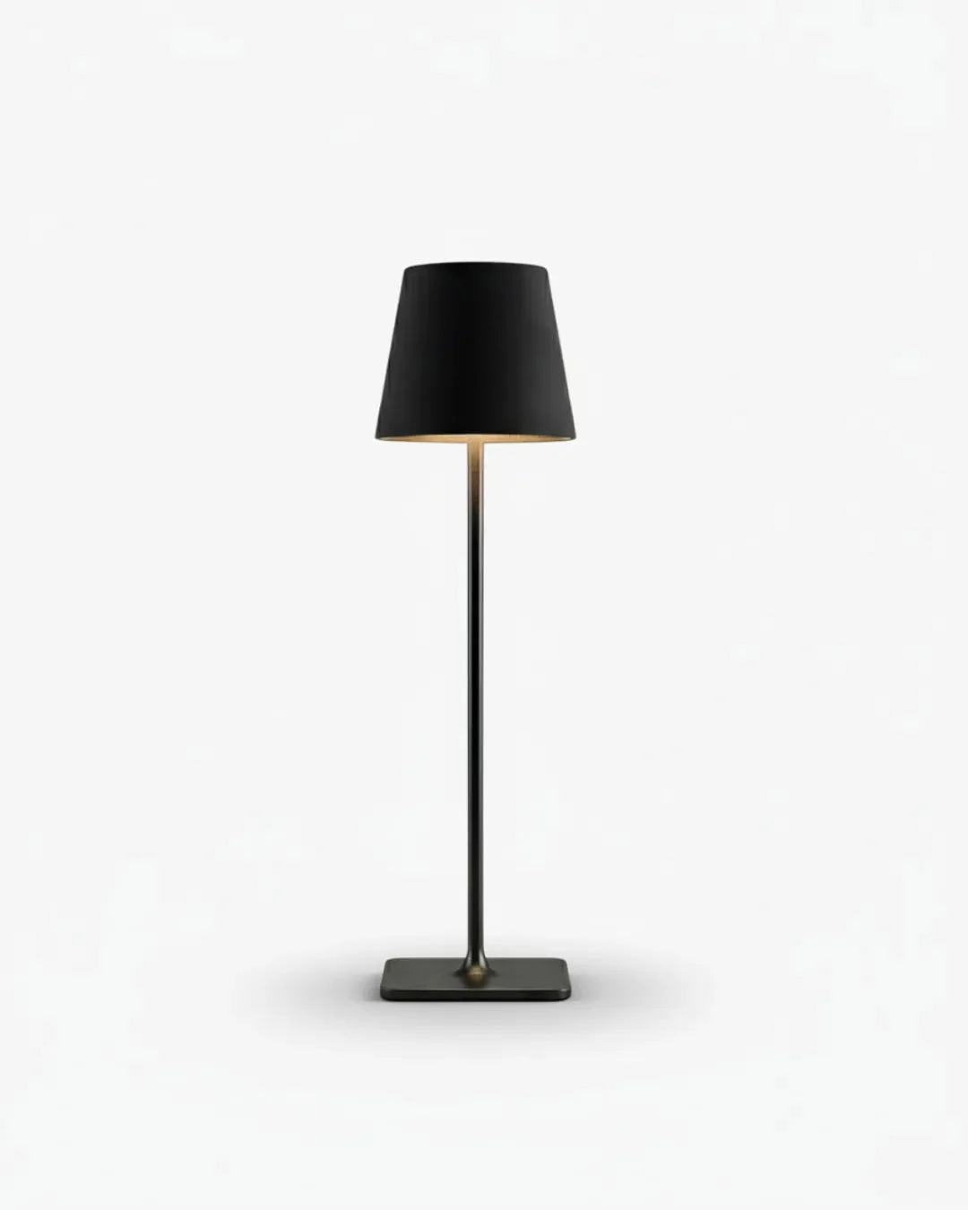 FREY cordless table lamp with slim matte black metal stem and tapered black shade, rechargeable designer | DecoHarmonie