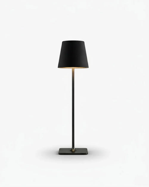 FREY cordless table lamp with slim matte black metal stem and tapered black shade, rechargeable designer | DecoHarmonie