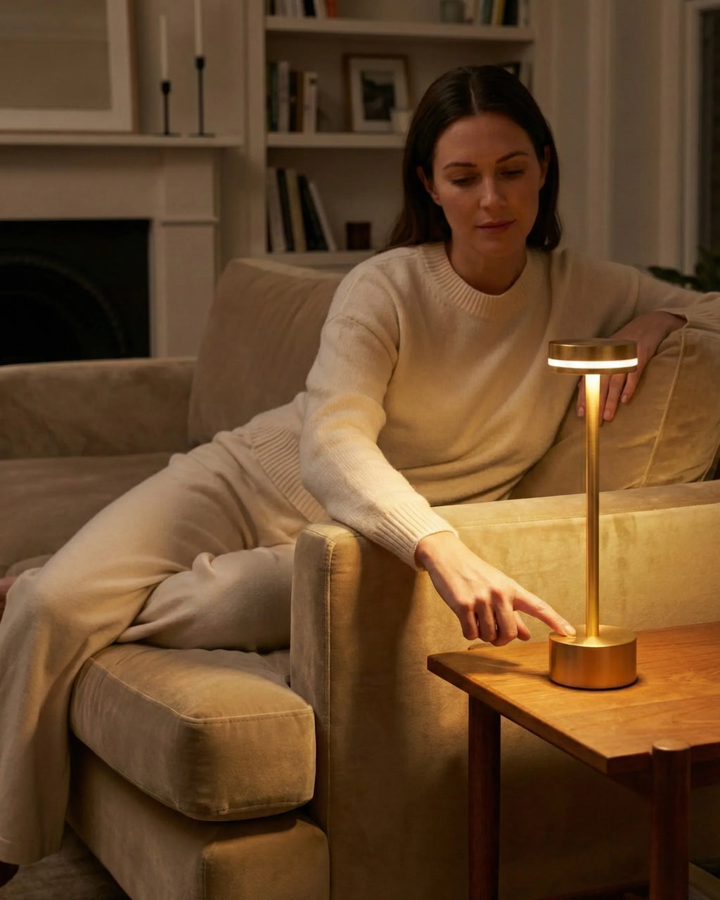 LYSA cordless designer table lamp shown on a bedside table in a modern bedroom — DecoHarmonie
