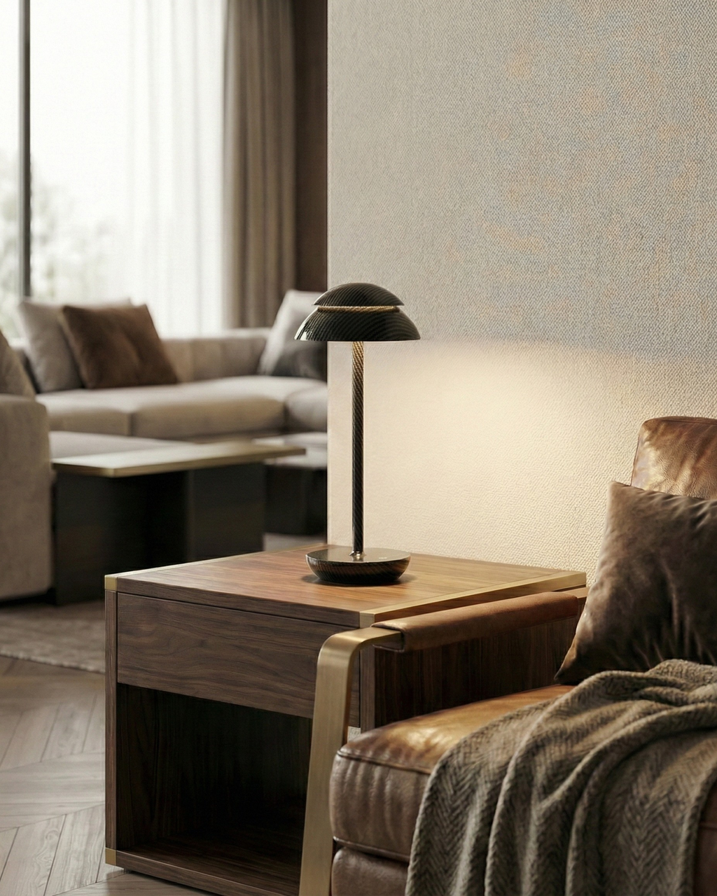 DESKA cordless designer table lamp shown on a bedside table in a modern bedroom — DecoHarmonie