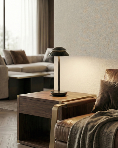 DESKA cordless designer table lamp shown on a bedside table in a modern bedroom — DecoHarmonie