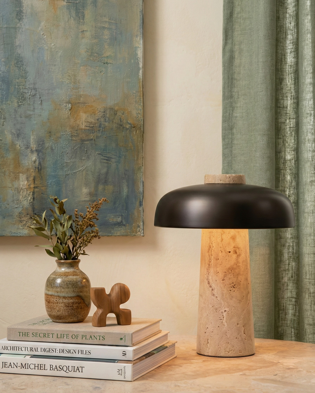 SAGAR designer table lamp softening the light in a contemporary lounge — DecoHarmonie