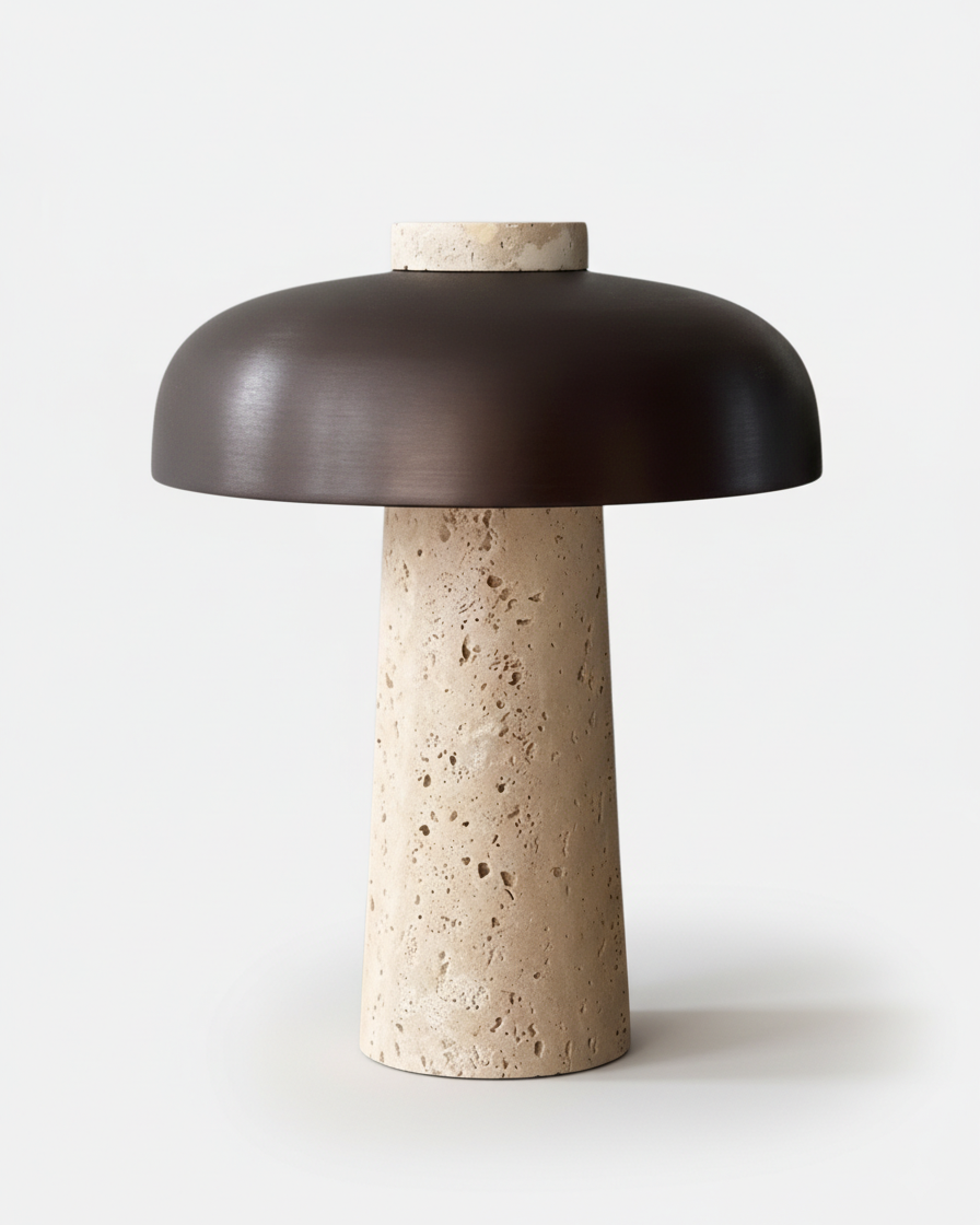 SAGAR designer table lamp with travertine column base and bronze metal mushroom-dome shade | DecoHarmonie