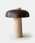 SAGAR designer table lamp with travertine column base and bronze metal mushroom-dome shade | DecoHarmonie