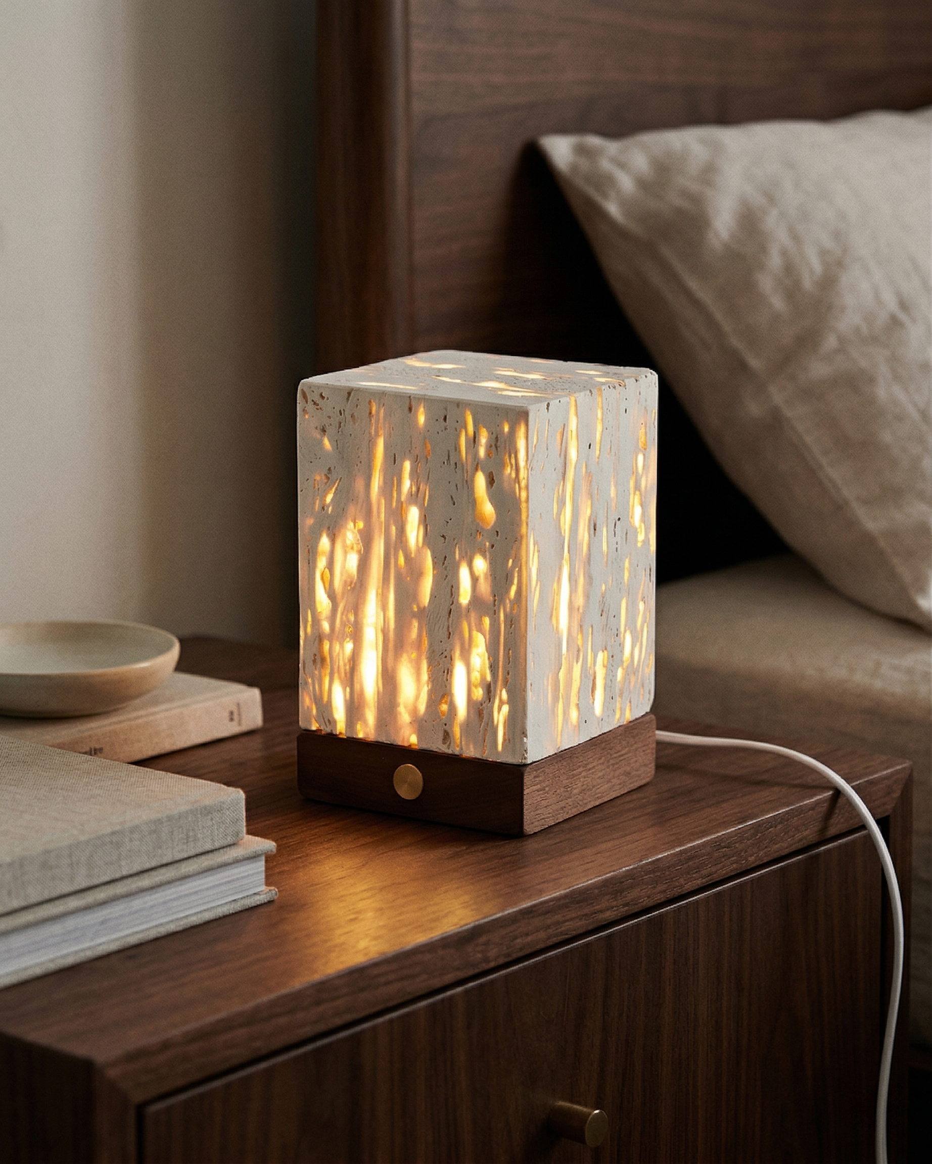 OMA designer table lamp shown on a bedside table in a modern bedroom — DecoHarmonie