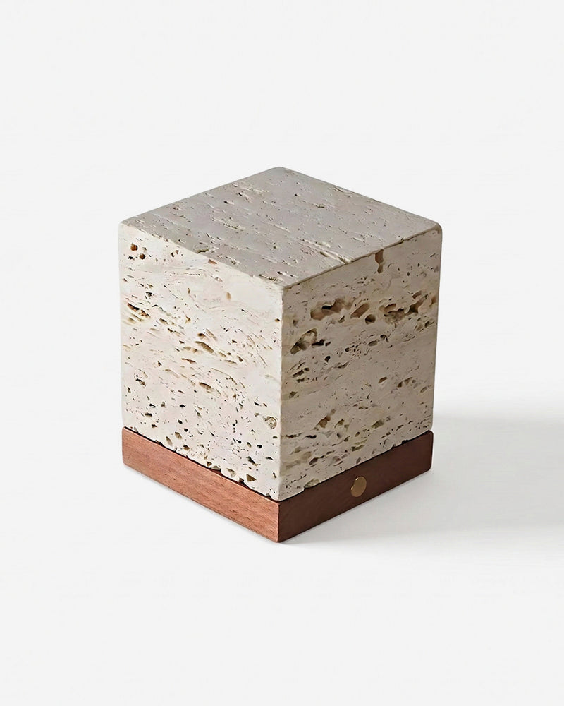 OMA cordless table lamp with raw travertine cube and walnut wood base, USB-C rechargeable designer | DecoHarmonie