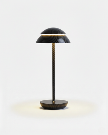 DESKA cordless table lamp with carbon-fibre textured black double-dome shade and slim stem, rechargeable designer | DecoHarmonie