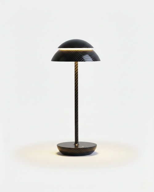 DESKA cordless table lamp with carbon-fibre textured black double-dome shade and slim stem, rechargeable designer | DecoHarmonie