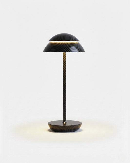 DESKA cordless table lamp with carbon-fibre textured black double-dome shade and slim stem, rechargeable designer | DecoHarmonie