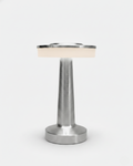 KARO cordless table lamp with retro brushed aluminium puck shade on short pedestal, rechargeable designer bar lamp | DecoHarmonie