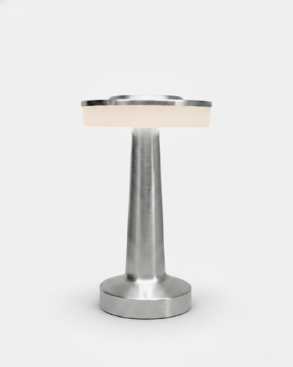 KARO cordless table lamp with retro brushed aluminium puck shade on short pedestal, rechargeable designer bar lamp | DecoHarmonie