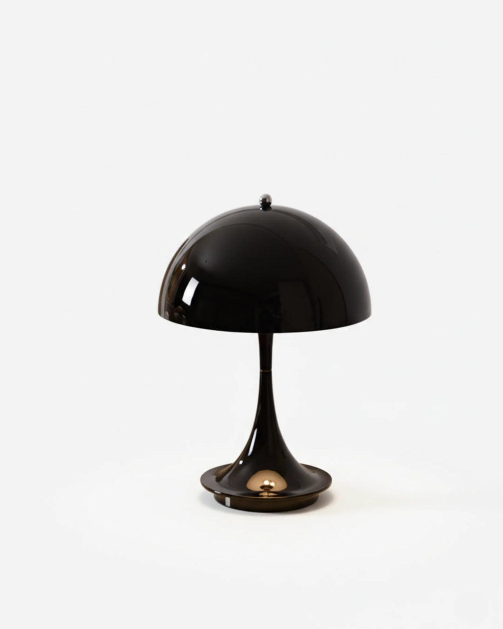 MIDO cordless table lamp with glossy black mushroom dome shade on sleek tulip base, rechargeable designer lighting | DecoHarmonie