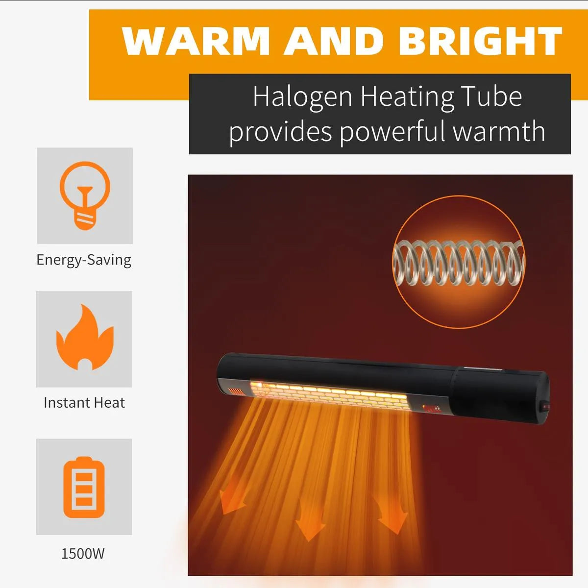 Outdoor Patio Garden Warmer 1500W Wall Mounted Electric Infrared Halogen Heater with Remote Control, Black
