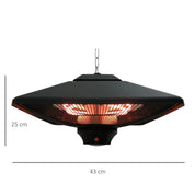 Hanging Electric Patio Heater 1000/2000W Waterproof Ceiling Mounted Aluminium Halogen Infrared Heater with LED Light Remote, Black