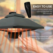 Hanging Electric Patio Heater 1000/2000W Waterproof Ceiling Mounted Aluminium Halogen Infrared Heater with LED Light Remote, Black