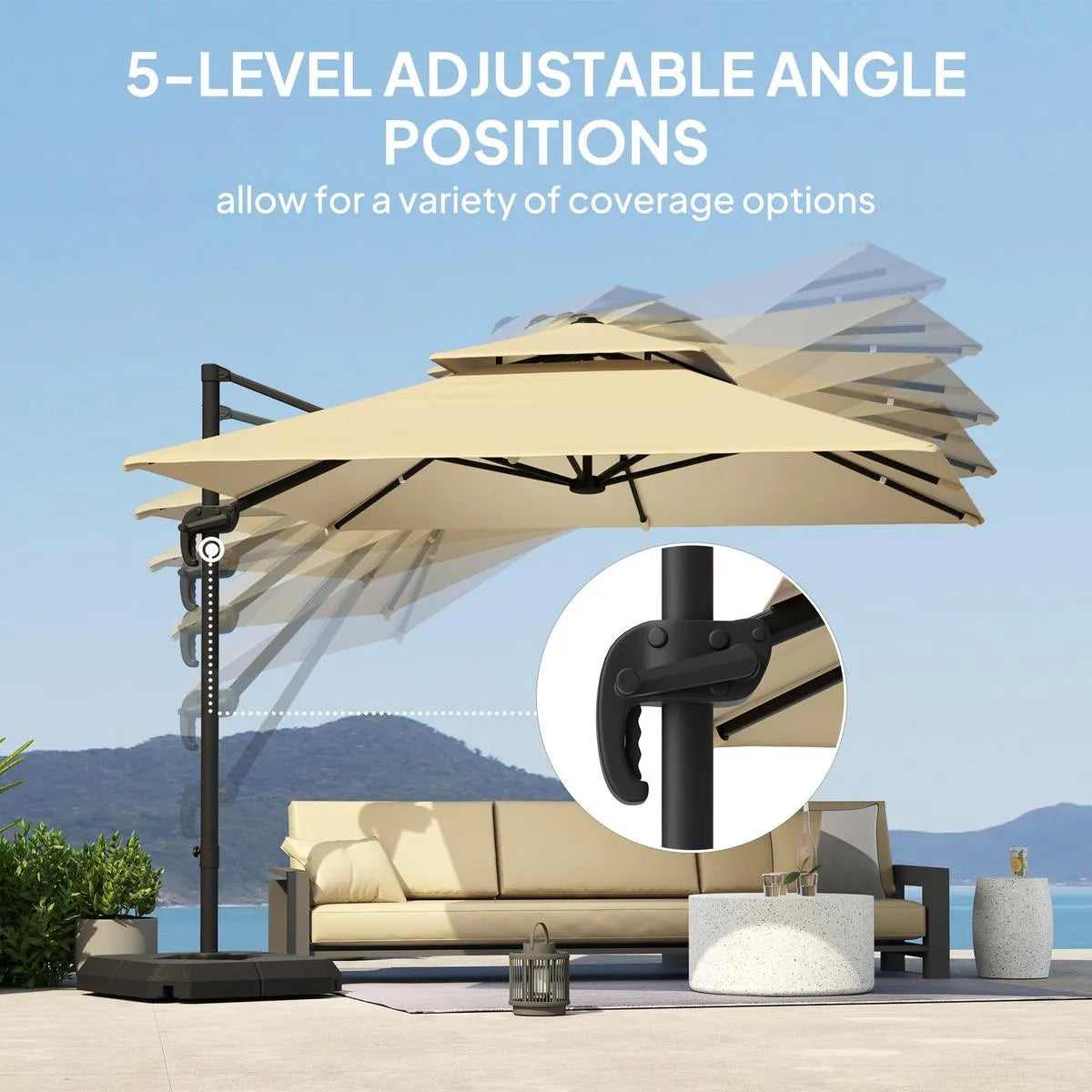 Cantilever Parasol 2.7x2.7m Aluminium Frame Crank Tilt 360° Rotation Double Top Garden Umbrella with Base and Cover, Khaki