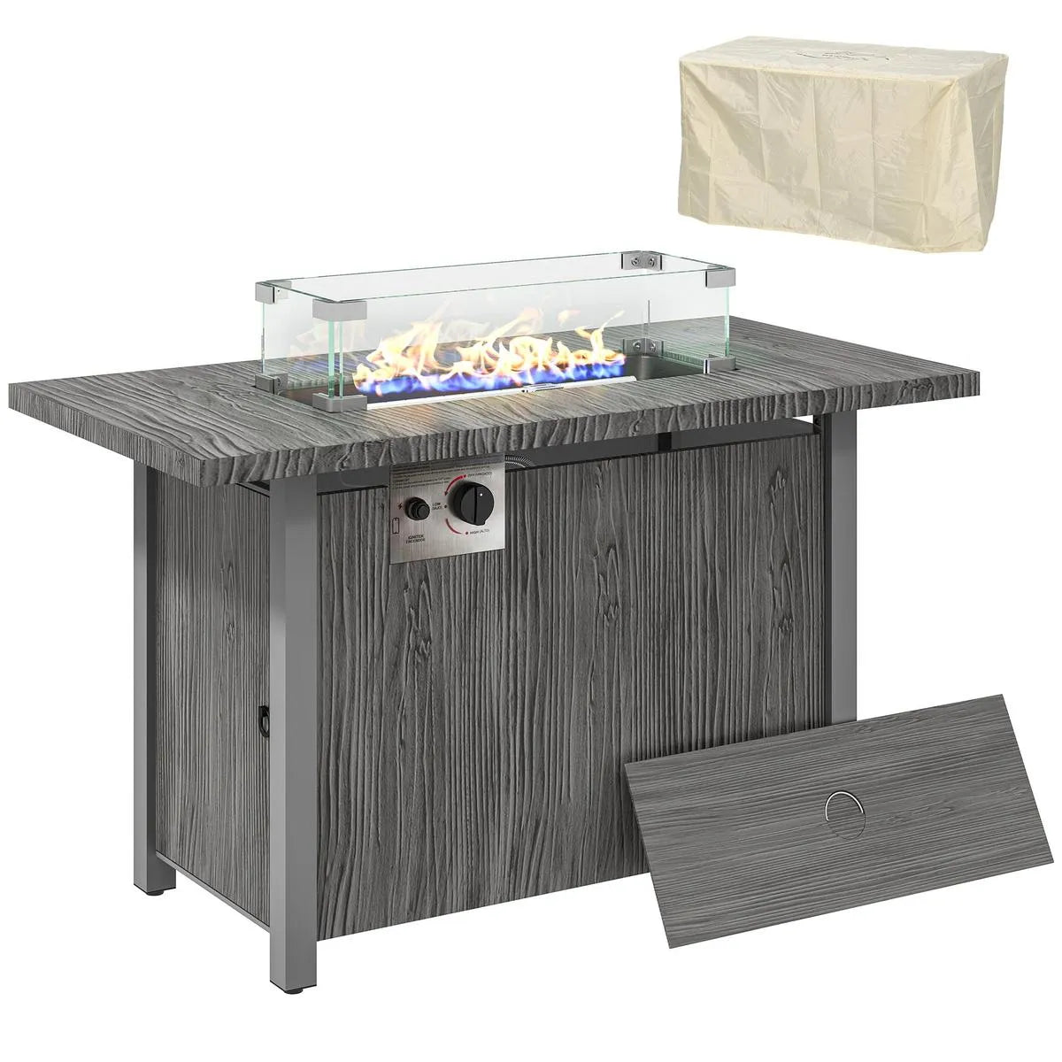 Gas Fire Pit Table, 50,000 BTU, Dark Grey with Cover and Glass Screen