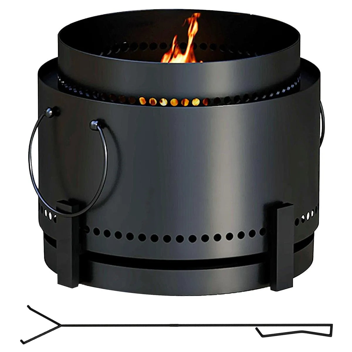 Smokeless Fire Pit Portable Wood Burning with Ash Catcher, 37cm, Black with Poker for Garden Camping Bonfire Party