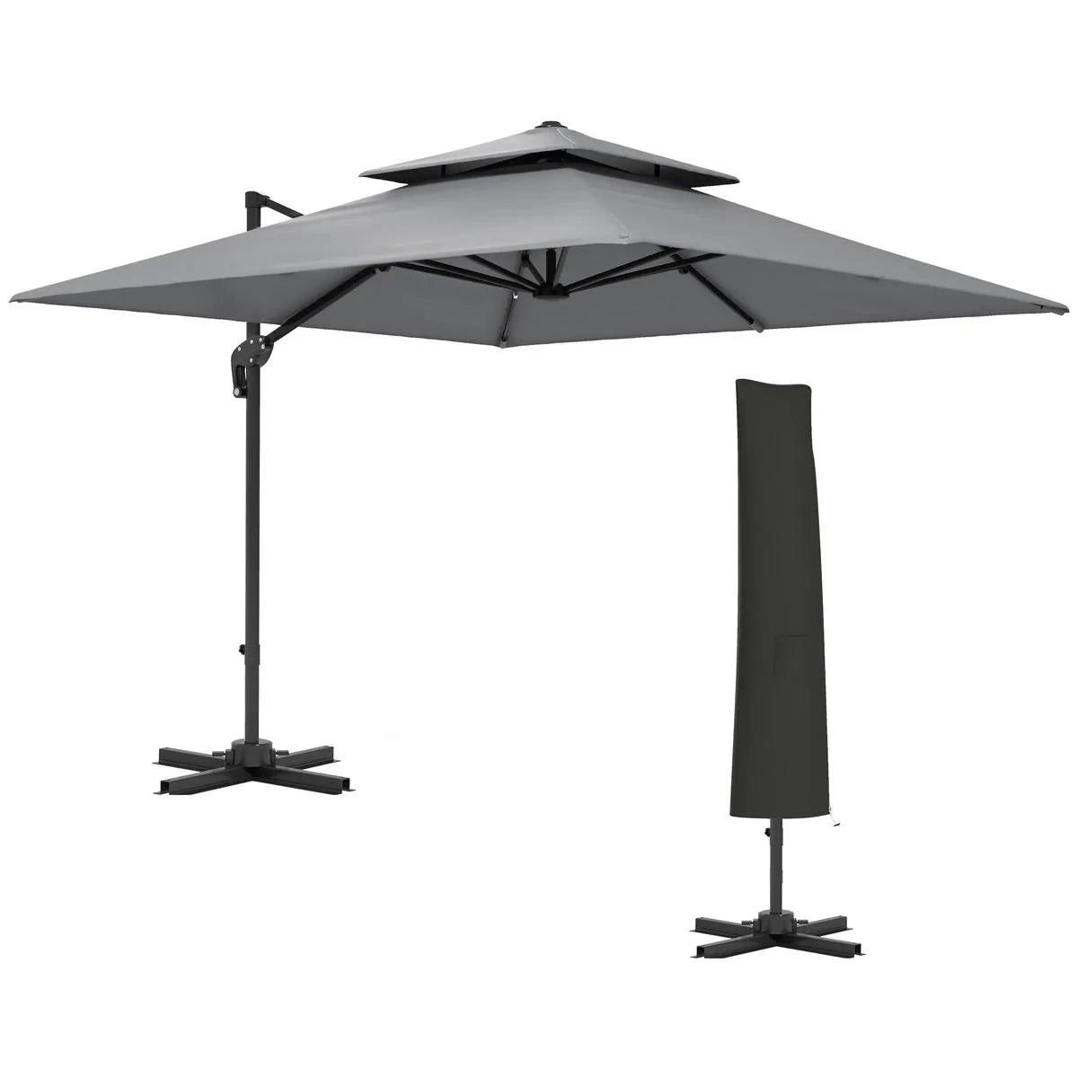 Cantilever Parasol 3x3m Aluminium Frame Crank Tilt 360° Rotation Double Top Garden Umbrella with Cover Cross Base Only, Light Grey